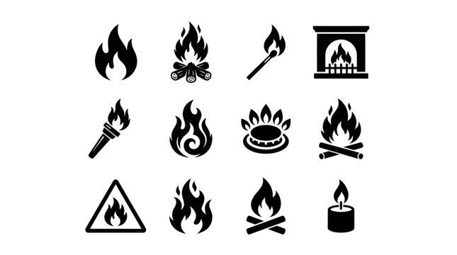 A collection of various fire symbols and icons including flames and torches.