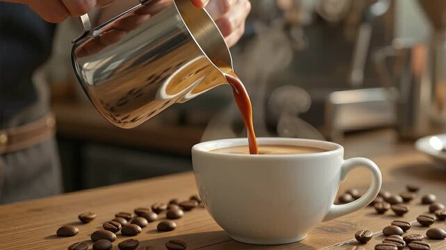 Barista pouring fresh hot coffee into a ceramic cup