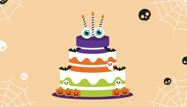 Halloween party tiered cake decorated with scary eyeballs, ghosts, bats, and pumpkins on a beige background with spider webs.