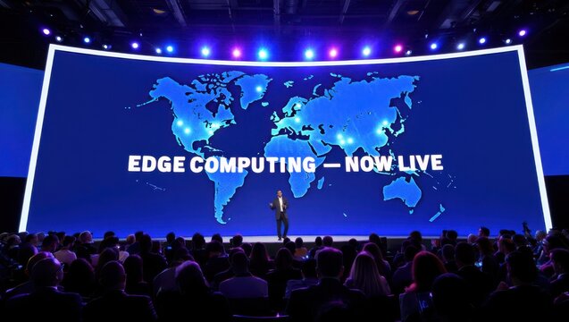 Exciting tech conference presentation showcasing edge computing launch with illuminated world map and engaged audience