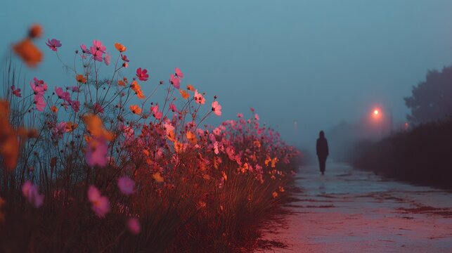 Misty path, vibrant flowers, solitary figure