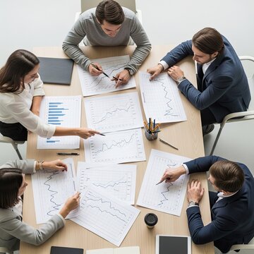 Diverse team of professionals collaborating in a modern office meeting room discussing financial reports and charts.