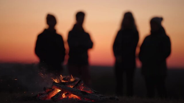 Silhouetted group by a small bonfire at dusk