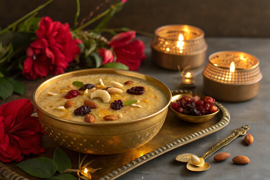 Traditional South Indian payasam dessert served in brass bowl with festive flowers and lamps, realistic food styling