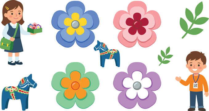 Swedish Majblomman Charity and Scandinavian Tradition Illustration Set with Cute Children Characters, Colorful Mayflower Symbols, Dala Horse Toys, and Green Leaves