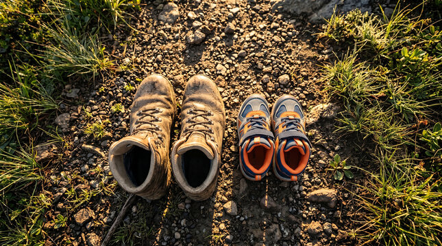 Top down view of adult and child hiking boots standing together on a rocky dirt trail