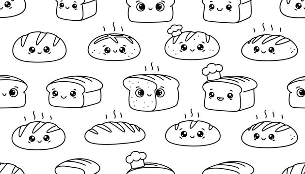 Seamless pattern with cute smiling cartoon bread loaves and baker hats on a white background, ideal for bakery decor.