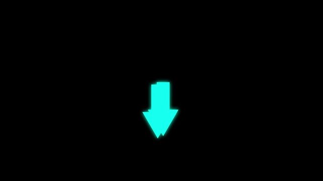 Neon cyan downward arrows motion loop, digital directional signage glowing, 4k video.