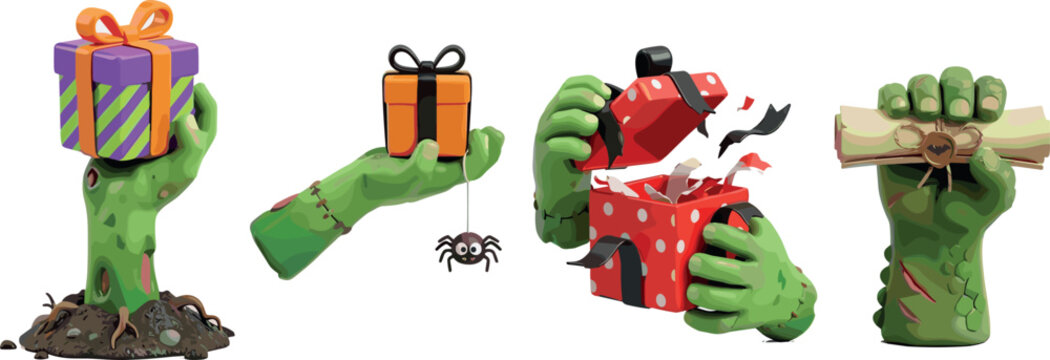 Zombie Hands Halloween Element Set with Monster Arms Holding Gift Boxes, Exploding Surprise Present, Cute Spider, and Sealed Scroll Vector Graphic