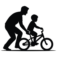 Fototapeta premium father teaching boy to ride bicycle, simple vector silhouette