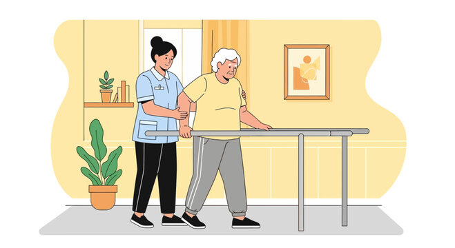 Nurse assists elderly patient with rehabilitation exercises using parallel bars