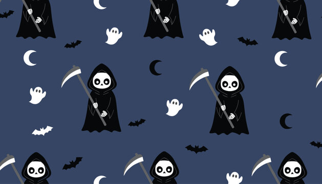 Spooky seamless Halloween pattern with cute grim reapers, flying bats, glowing moons, and ghosts on a dark blue background.