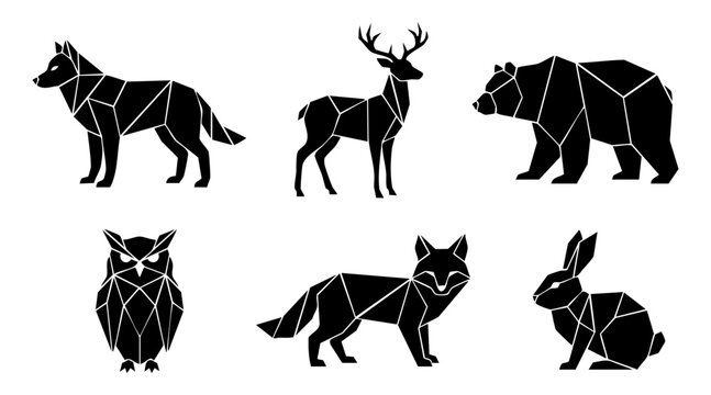 Collection of wild forest animals featuring geometric vector silhouettes isolated on a clean white background design