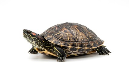Obraz premium Close-up portrait of a detailed freshwater turtle on white studio background in natural lighting