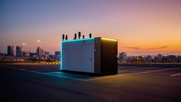 Modern industrial energy storage unit with futuristic lighting against city skyline at sunset, showcasing advanced technology and urban infrastructure