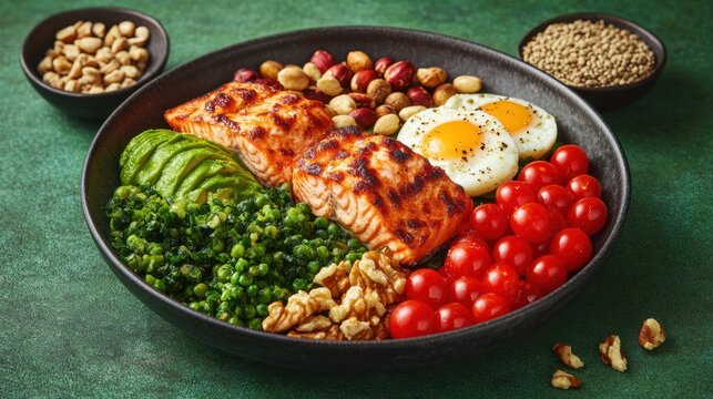 Colorful, healthy bowl with salmon, eggs, greens, nuts, and veggies