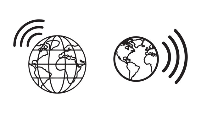 Global wireless signal transmission concept with two connected earth icons on dark background
