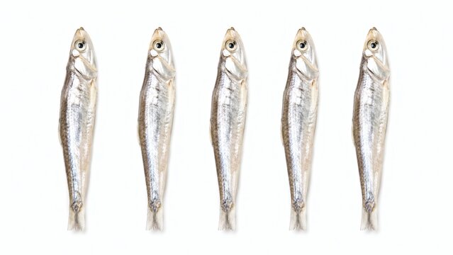 Halal Preserved Anchovy Whole Fish Row Sequence Macro Overhead White Background Studio Photography