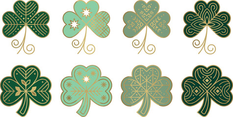 Fototapeta premium Elegant Saint Patricks Day Shamrock Icon Set with Luxury Gold Geometric Patterns and Ornamental Clovers for Irish Holiday Graphic Designs