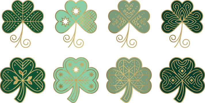 Elegant Saint Patricks Day Shamrock Icon Set with Luxury Gold Geometric Patterns and Ornamental Clovers for Irish Holiday Graphic Designs
