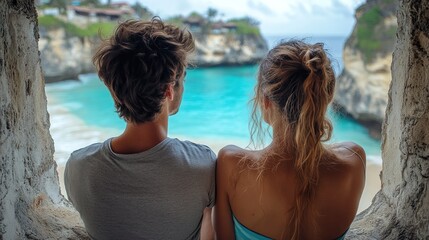 Fototapeta premium Couple views tropical beach through archway