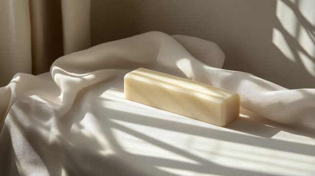 Cream-colored bar soap on draped fabric, sunlit