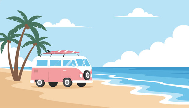 Retro pink camper van parked on a tropical sandy beach next to palm trees under a bright sunny sky with clouds.