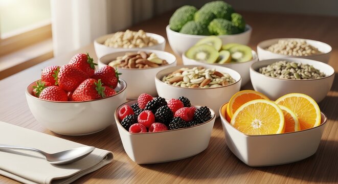 Multiple small white bowls filled with diverse fresh healthy foods template for international sustainable gastronomy day banner