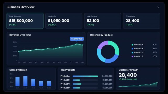 Animation of a business overview dashboard displaying revenue and user growth charts on a deep black background