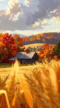 A rustic wooden barn sits in a golden field during autumn