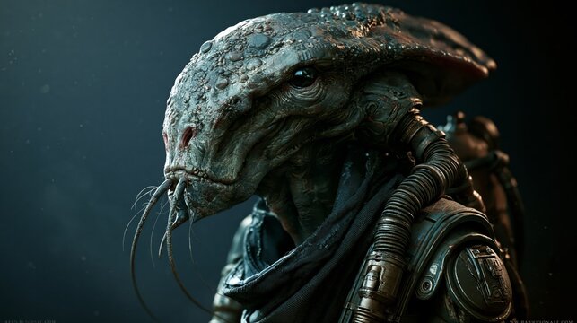 Alien Warrior Portrait: A detailed close-up portrait of a formidable alien warrior, with its textured skin, cybernetic enhancements, and a mysterious gaze.