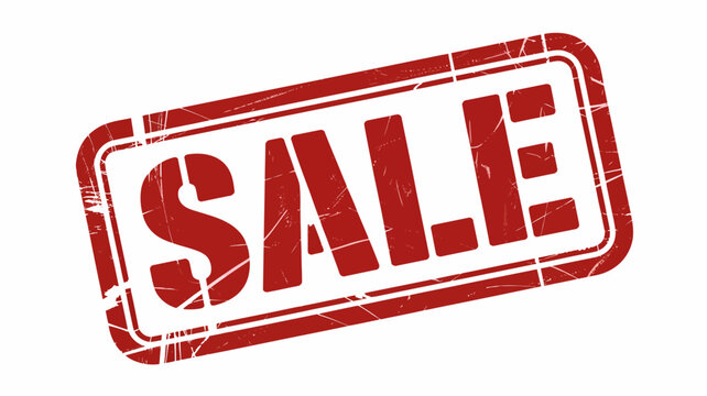 Red sale stamp with white text and dotted border on plain background