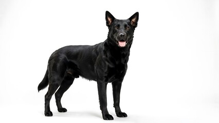 Fototapeta premium Black Dog Standing in Studio on White Background with Soft Lighting Portrait