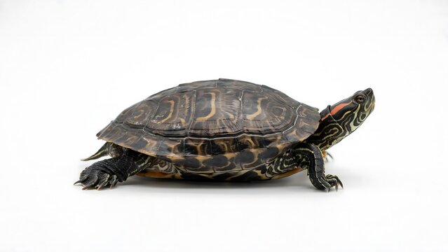 Close-up side view of wild freshwater turtle walking on white studio background