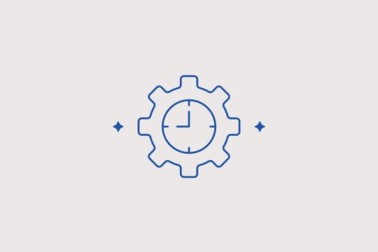 Rotating mechanical gear with clock inside line icon for production efficiency management, workflow schedule tracking app. Smart vector illustration for optimization process.