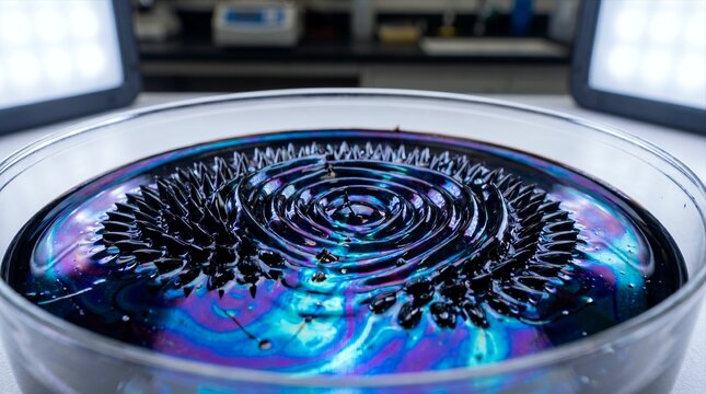 Macro photography of black ferrofluid forming geometric spikes pattern with blue and purple neon light reflections