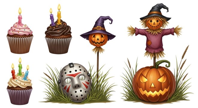 Halloween festive collection with cupcakes, scarecrow, pumpkin and hockey mask