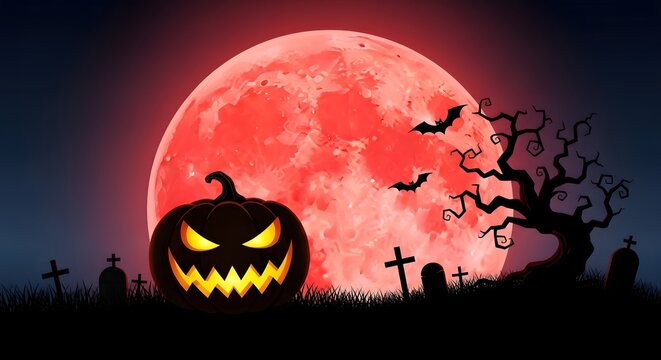 Spooky halloween background with a glowing jackolantern pumpkin, bats, and a silhouette of a dead tree against a large red full moon in a graveyard