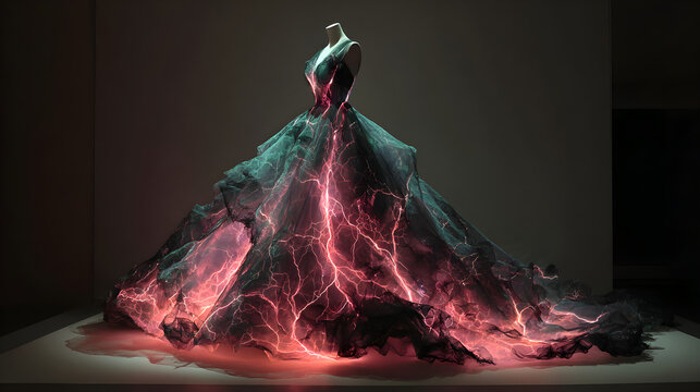 Dress sculpted from frozen smoke and glass lace on mannequin with red lightning