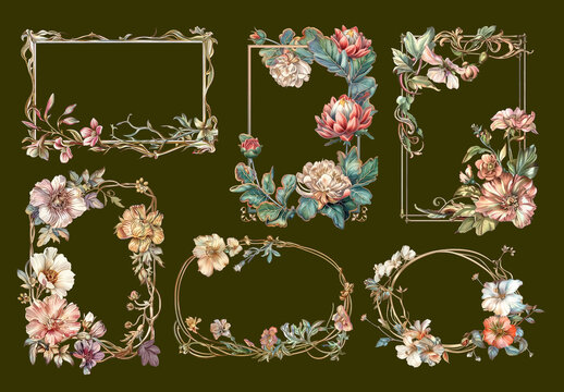 Elegant Floral Frames With Vintage Style Element Design Set