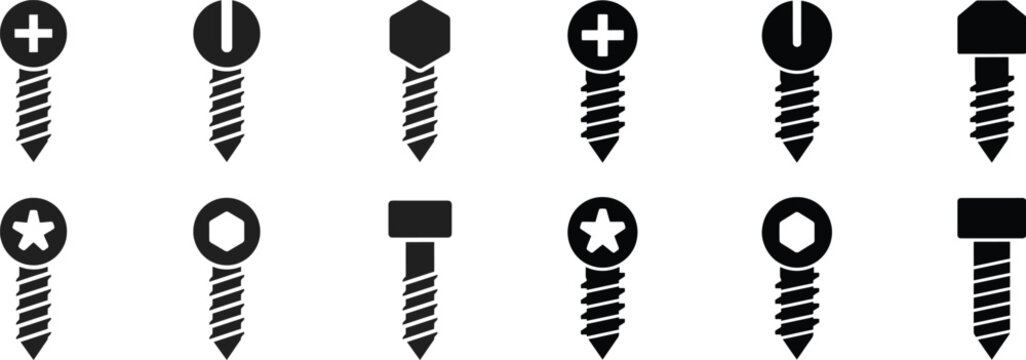 Various screw head types including cross star hex and flat designs for hardware and construction projects.