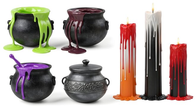 Set of halloween witch cauldrons and dripping candles isolated on white background