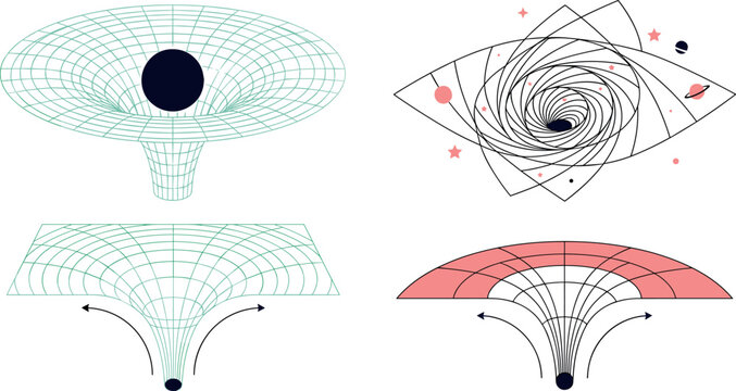 Spacetime Curvature and Gravitational Well Vector Diagram Set Illustrating Black Hole Singularity, Einstein Rosen Bridge, Wormholes, and Astrophysics Theory for Physics Textbooks