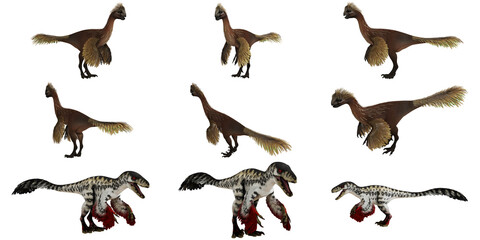 Realistic dinosaur depictions in various poses. © Ilie