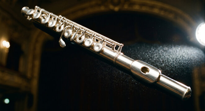 A high-contrast macro shot of a silver-plated piccolo, focusing on the tiny, complex mechanical keywork and the precise, miniature embouchure hole, illuminated