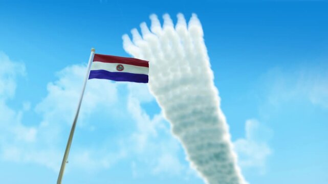 Paraguay Flag 3D Render Animation on Pole with Fighter Jets Smoke Trails in Blue Sky - Low Angle View