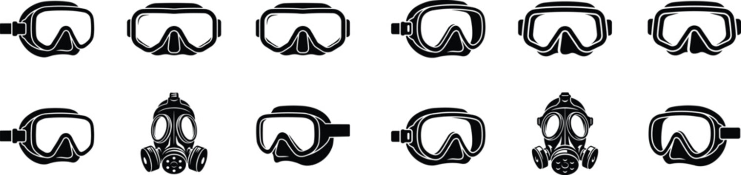 Set of diving mask and snorkel, diving goggles, gas mask, scuba mask for swimming in sea.