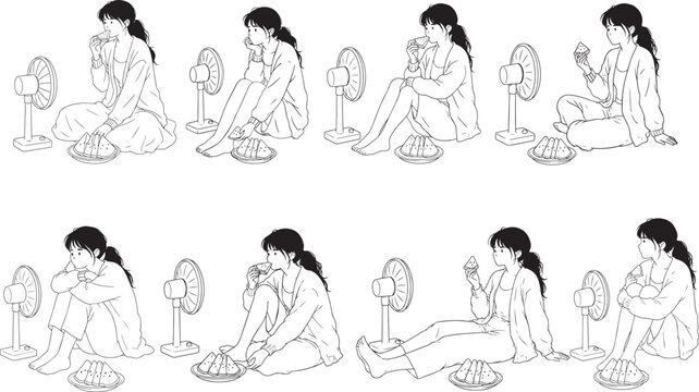 Summer Girl Eating Watermelon with Electric Fan Pose Set Line Art Illustration
