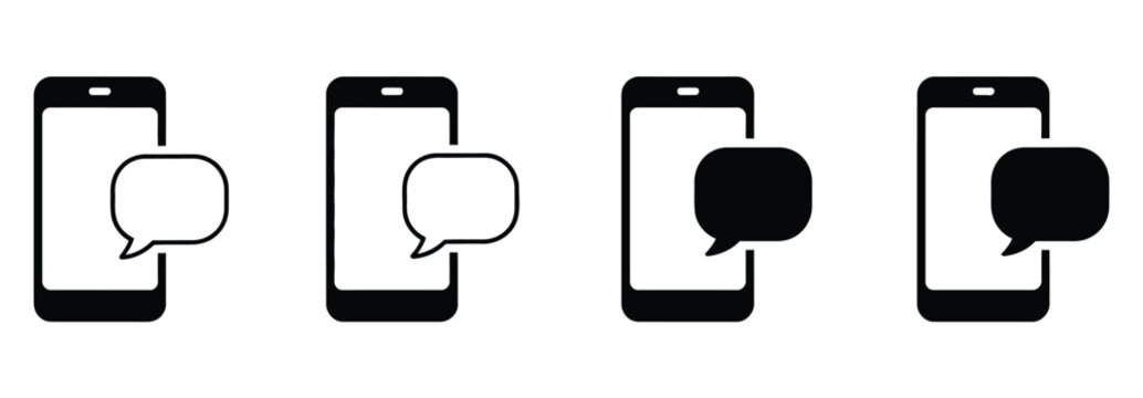 Mobile chat icon set vector featuring smartphone with speech bubble symbol for phone message communication app interface social networking and digital conversation graphics