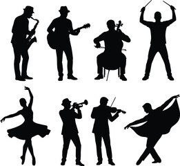 Classical and Modern Musician Silhouettes with Dancers Orchestra Performers and Instruments Isolated Collection © MDRAKIB